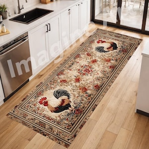 May include: A rectangular kitchen rug with a beige background and a floral pattern in red, brown, and green. Two rooster illustrations are featured on the rug. The rug has a decorative border.