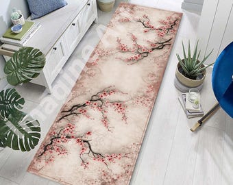 Cherry Blossom Runner Rug: Vintage Style, Ivory-Pink, Rustic Design, Soft Velvet Watercolor Print