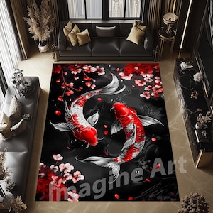 Red Koi Art Rug, Japanese Koi Fish Rug, Floral Fish Area Rug, Flowers Fish Rug, Koi Fish Decor, Pond Fish Rug, Floral Koi Rug, Red Koi Fish