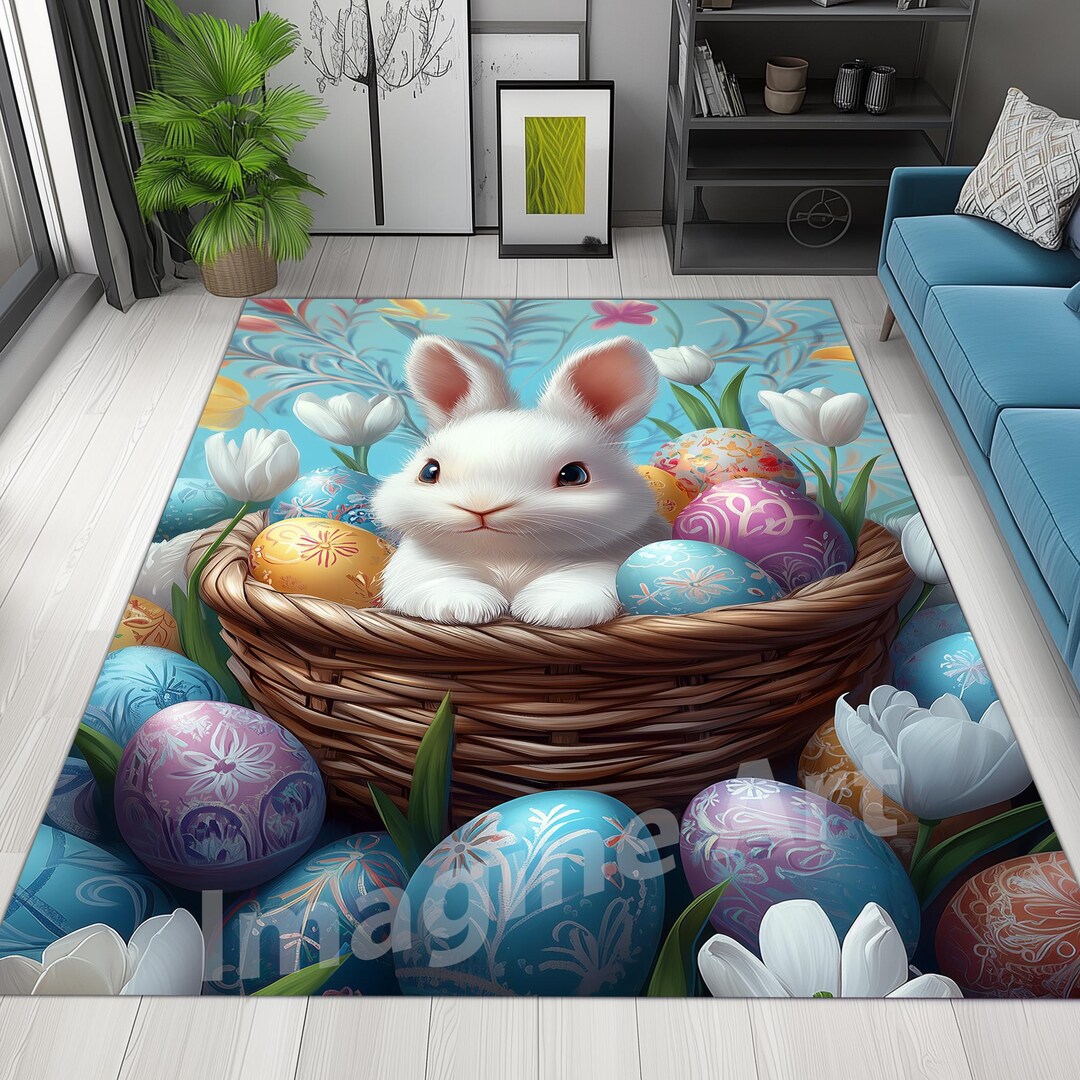 Round Easter Rug Floral Bunny Easter Egg Rug, Spring Holiday Decor, Velvet Surface, Non ...