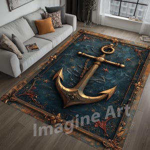 Navy Blue Anchor Area Rug, Retro Sea Rug, Sea Area Rug, Nautical Area Rug, Maritime Rug, Sailor Area Rug, Anchor Rug, Sailor Rug