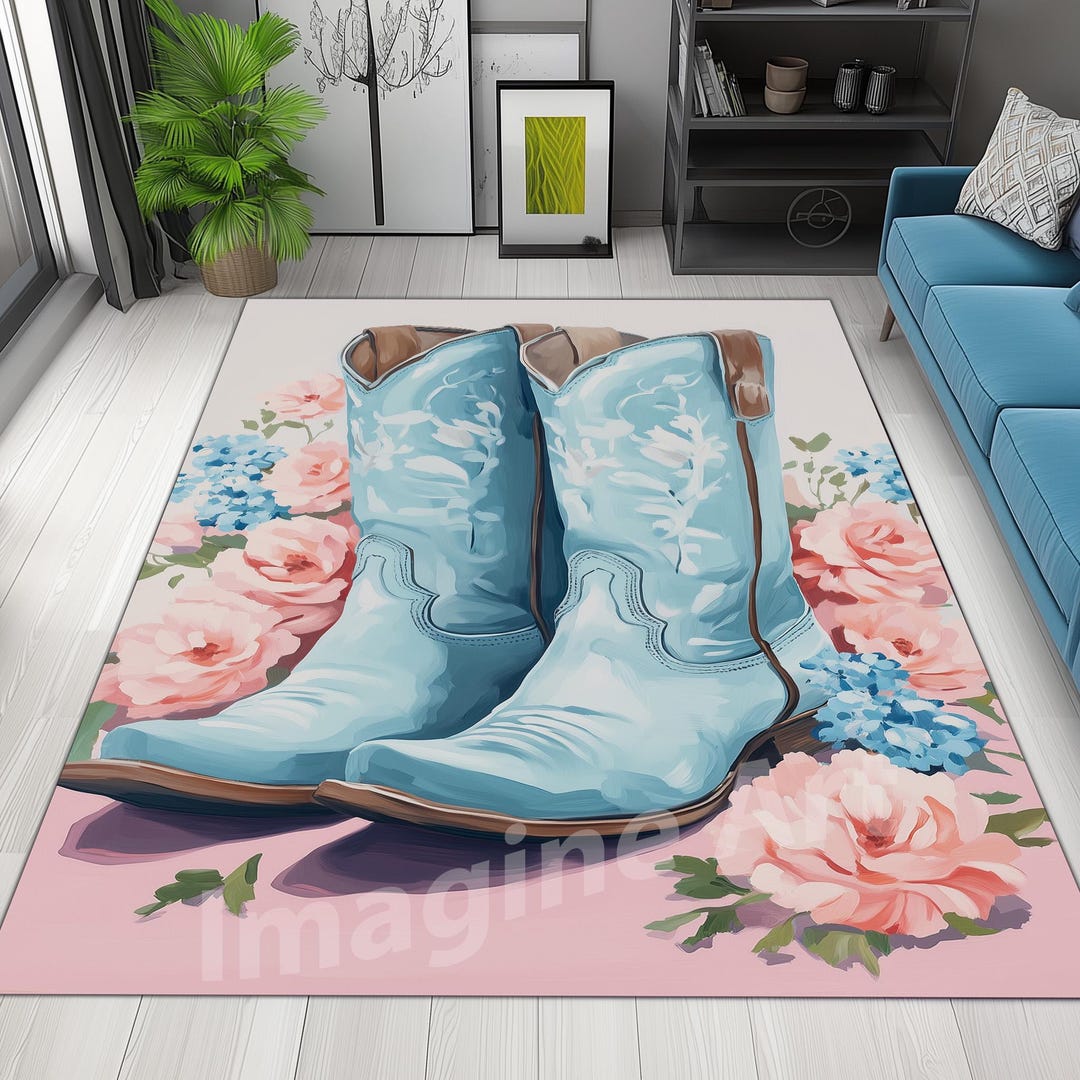 Blue Cowboy Boots on Pink Floral Area Rug, Pink Cowgirl Rug, Pink Boots ...