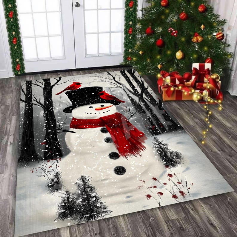 Snowman Cardinal Winter Area Rug - Snowy Theme - Etsy