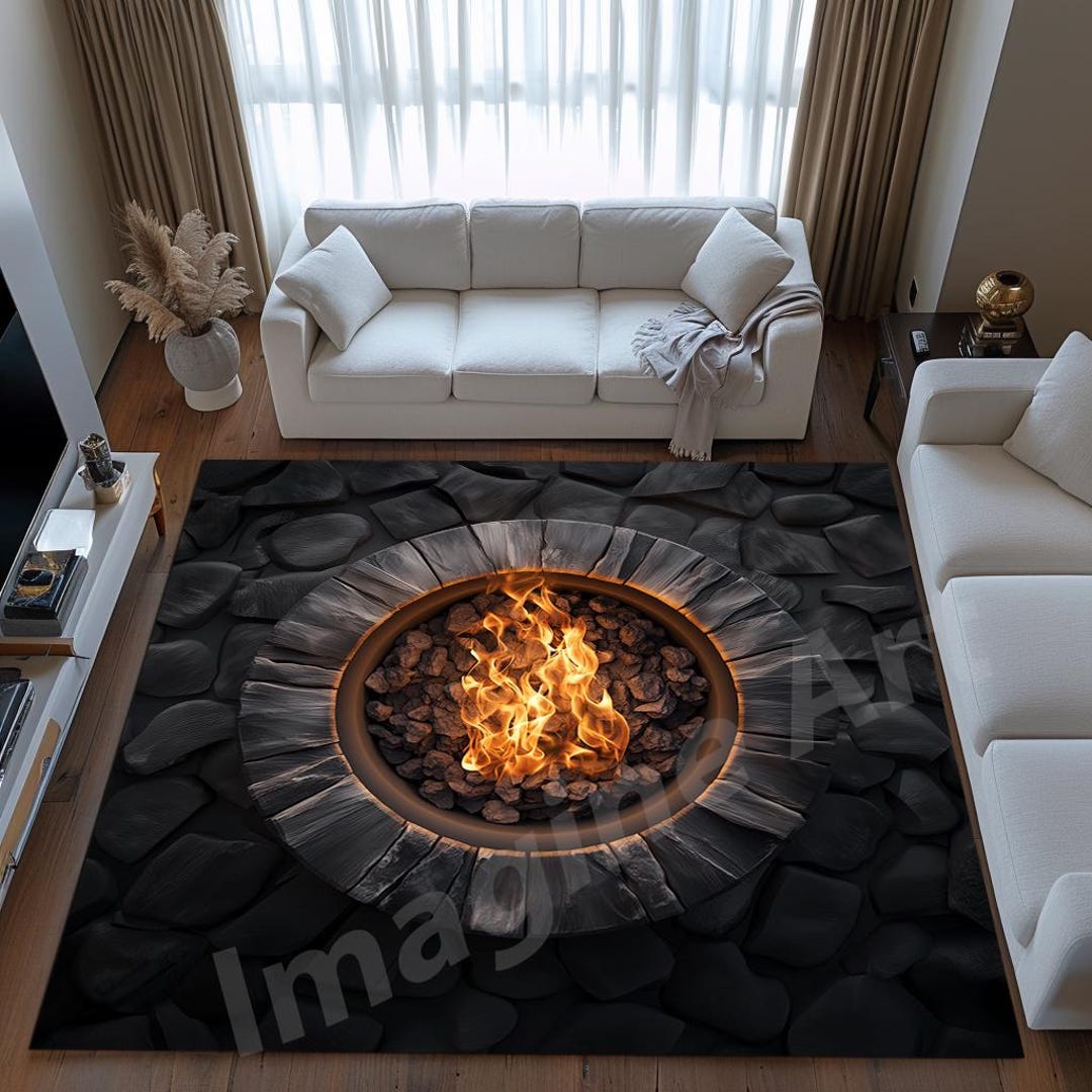 3D Fire Pit Illusion Rug: Square Flame Charcoal Design - Etsy