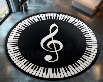 Retro Musical Notes Rug: Velvet, Non-Slip - Round Music Room Decor