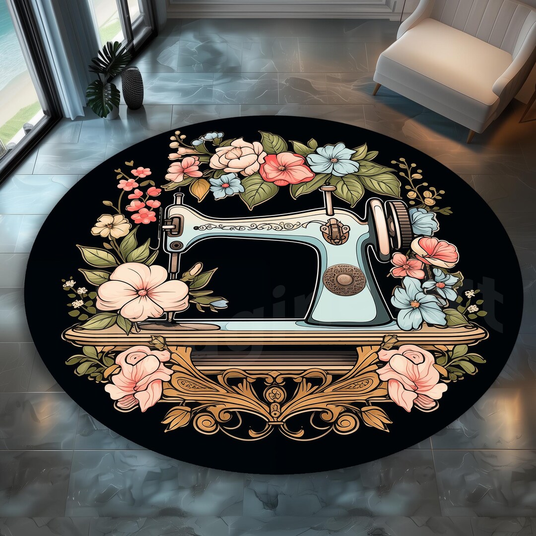 Sewing Machine Rug Pattern Floral Sewing Machine Round Rug: Boho Retro Decor - Etsy