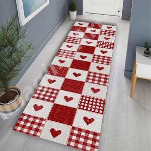 May include: A rectangular hallway rug with a patchwork design. The rug features alternating squares of red and white gingham, solid red, and textured patterns. Red hearts are scattered across the rug.
