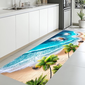Vibrant Tropical Beach With Bright Blue Waves Runner, Palm Trees Rug, Golden Sand Summer Runner, Sea Runner, Kitchen Runner, Ocean Runner