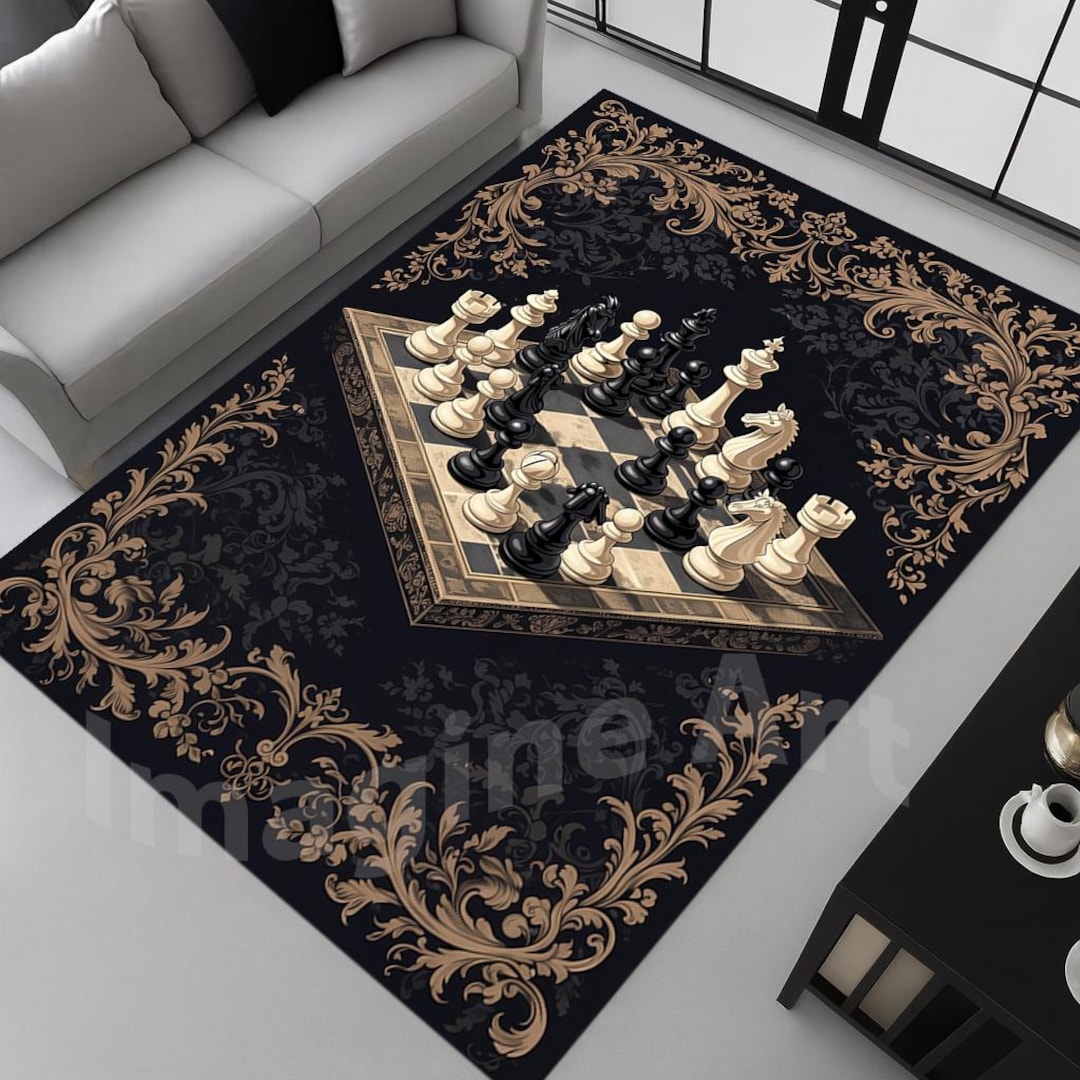 Chess Board Game Rug: Elegant Design, Chess Pieces Art - Etsy