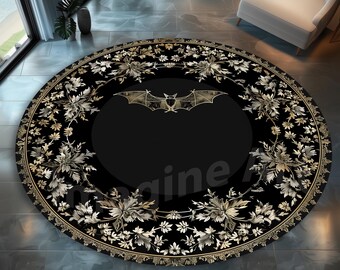 Floral Bat Round Rug: Black Bohemian Velvet Floor Covering