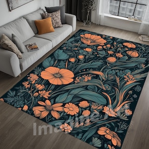 Green Floral Botanical Plants Area Rug, Small Flowers Rug, Plants Rug, Spring Area Rug, Orange Flowers Rug, Botanical Rug, Green Plant Rug