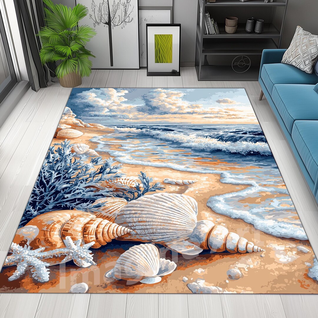 Rectangle Rug Beach Seashells Area Rug: Beach Coastline, Sea Waves - Etsy