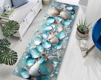 Teal Seashell Art Runner: Coastal Beach Rug