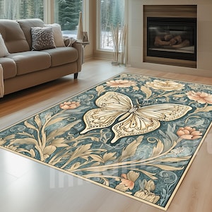 William Morris Style Butterfly Area Rug, Forest Flowers Area Rug, Floral Botanical Design Area Rug, Floral Butterfly Rug, Blossoms Area Rug