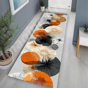 Mid Century Minimalist Design Runner: Abstract Circles Runner, Modern Orange Geometric Art Rug,