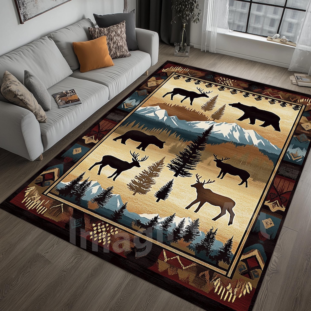 Rustic Wildlife Area Rug: Bear, Deer, and Pine Tree Cabin Decor - Etsy