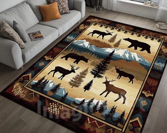 Tapete rústico com tema de vida selvagem: decoração de cabana com urso, veado e pinheiro