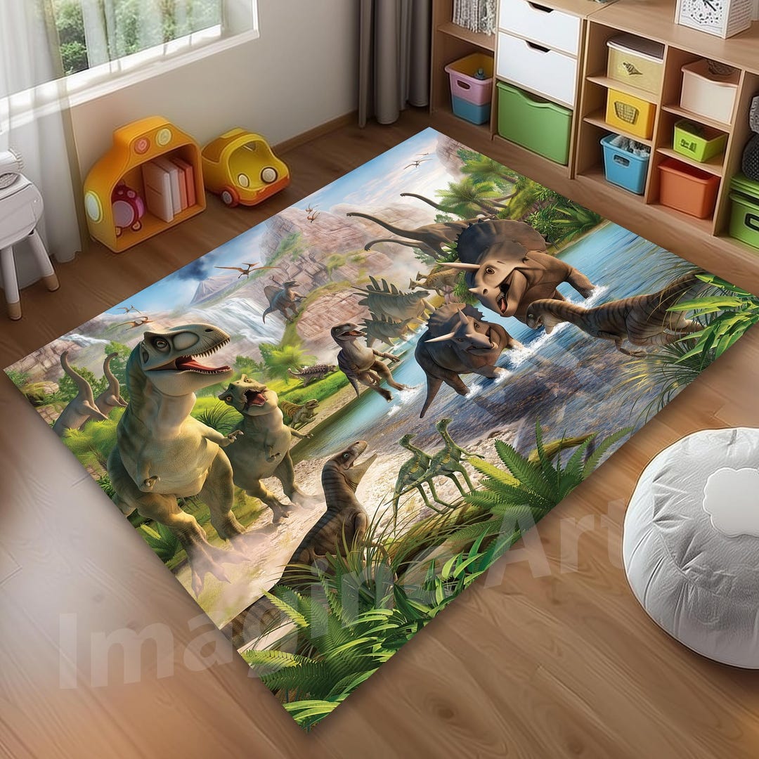 Dinosaurs Rug: Dino World Design, Kids Play Room Mat - Etsy