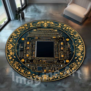 Op de afbeelding: Een ronde vloerkleed met een donkerblauwe achtergrond en een gouden printplaatontwerp. Het midden heeft een groot zwart vierkant, omringd door ingewikkelde gouden details. De buitenrand heeft een bloemenpatroon in goud. Het vloerkleed ligt op een grijze vloer.