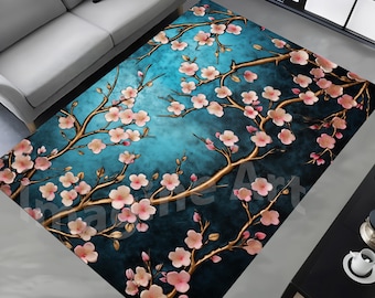 Cherry Blossom Rug: Navy Blue, Pink, Teal, Gold Colors Oil Painting Design, Floral Art