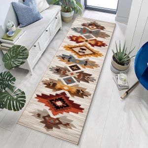 Aztec Style Runner Rug: Southwestern, Tribal Geometric Pattern, Boho Farmhouse, Rustic Kilim Decor
