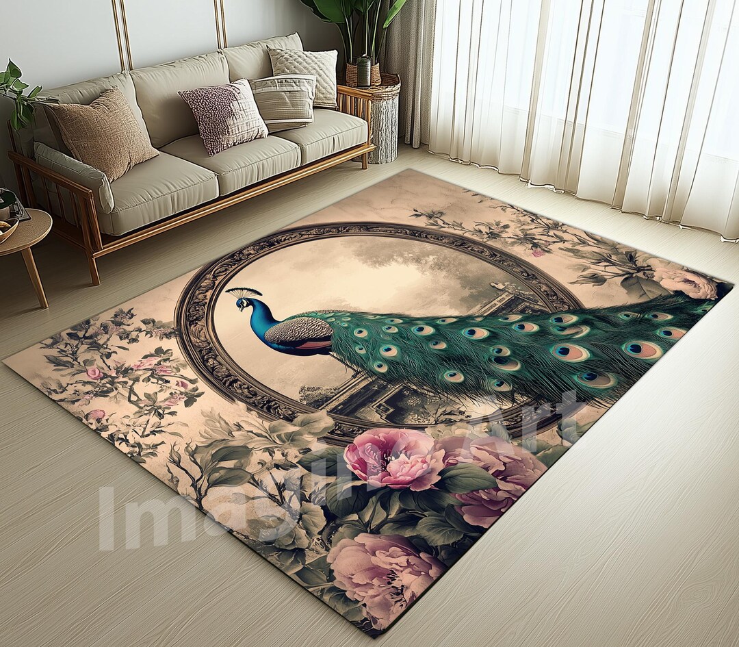 Floral Peacock Area Rug: Oriental Rose Decor - Etsy