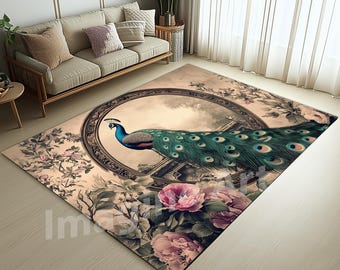 Gorgeous Peacock Rug, Floral Peacock Area Rug, Flowers Peacock Rug, Peacock Decor, Floral Peacock Rug, Peacock Rose Rug,Oriental Peacock Rug