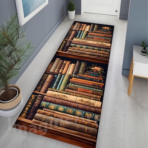 Floral Bookcase Runner Rug: Vintage Library Decor, Velvet Low Pile