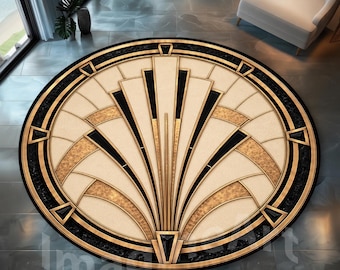 Op de afbeelding: Een rond vloerkleed met een symmetrisch waaiervormig patroon in crème, goud en zwarte tinten. Het ontwerp bestaat uit stralende geometrische lijnen en gebogen segmenten, omsloten door een dikke zwarte rand met gouden accenten.