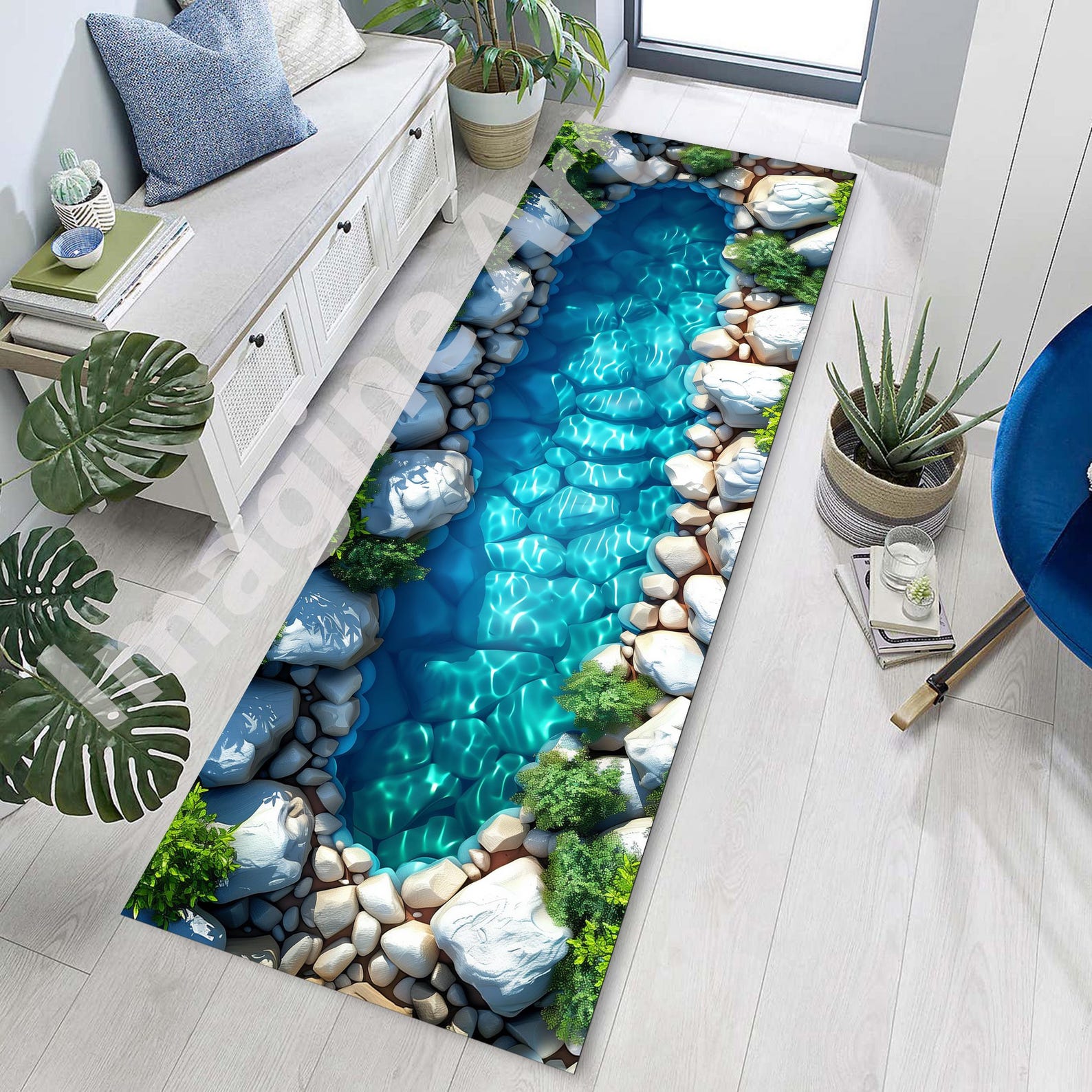 Pool Runner Rug 3D Blue Pond Runner Rug: Nature-inspired, Blue Lake Water, Stone Path ...