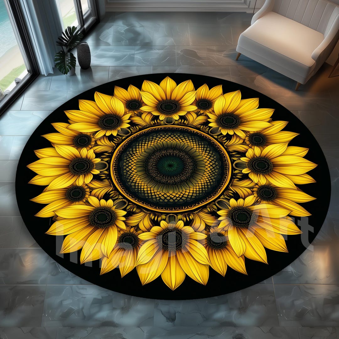 Round Sunflower Rug: Rustic Floral Velvet Area Rug - Etsy