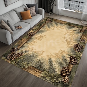 May include: Rectangular area rug with a nature-inspired design. The rug features a border of pinecones, pine needles, and branches in shades of brown and green. The center of the rug is a light beige color.