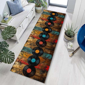 Vinyl Record Pattern Runner: Colorful Music Room Rug