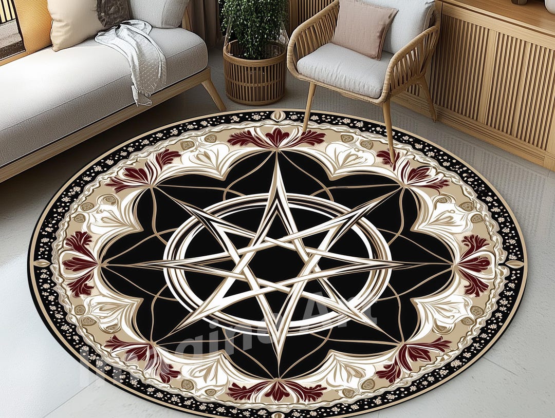 Round Floral Pentagram Rug, Round Pentagram Rug, Round Oriental ...