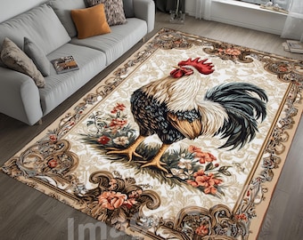 Floral Rooster Area Rug: Velvet Low Pile, Non-Slip Cotton Base