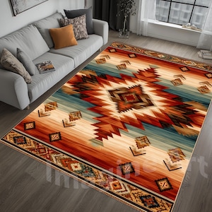 Rustiek zuidwestelijk tapijt: aardetint, inheemse motieven, Azteeks geometrisch, etnisch ontwerp, gebieddecor