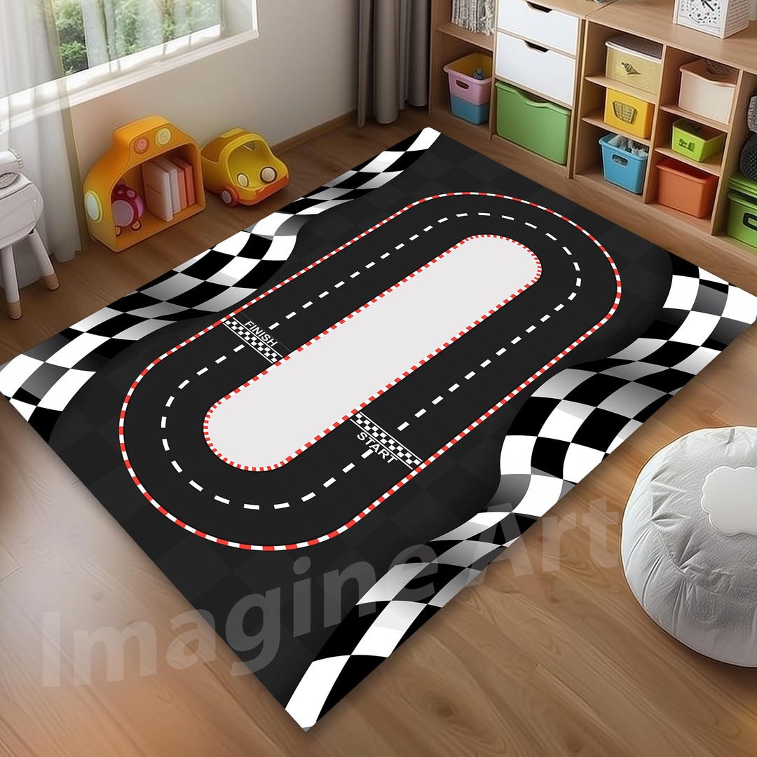 Seamless Racetrack Rug Black Checkered Race Track Rug: Kids Playroom Racing Area Rug - Etsy
