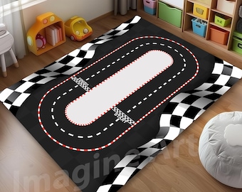 NASCAR Racing Area Rug, Race Car Bedroom Rug, Checkered Flag