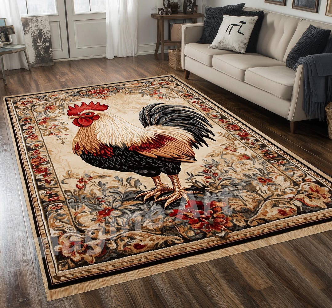 Blue Chicken Rug Floral Rooster Area Rug: Vintage Style Chicken Decor - Etsy