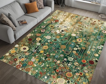 Gustav Klimt Style Flowers Rug: Colorful Klimt Meadow, Botanical Burst, Garden Abstract Velvet