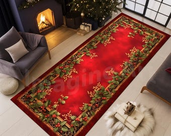 Rustiek kersttapijt met hulstbes, traditioneel kerstdecor