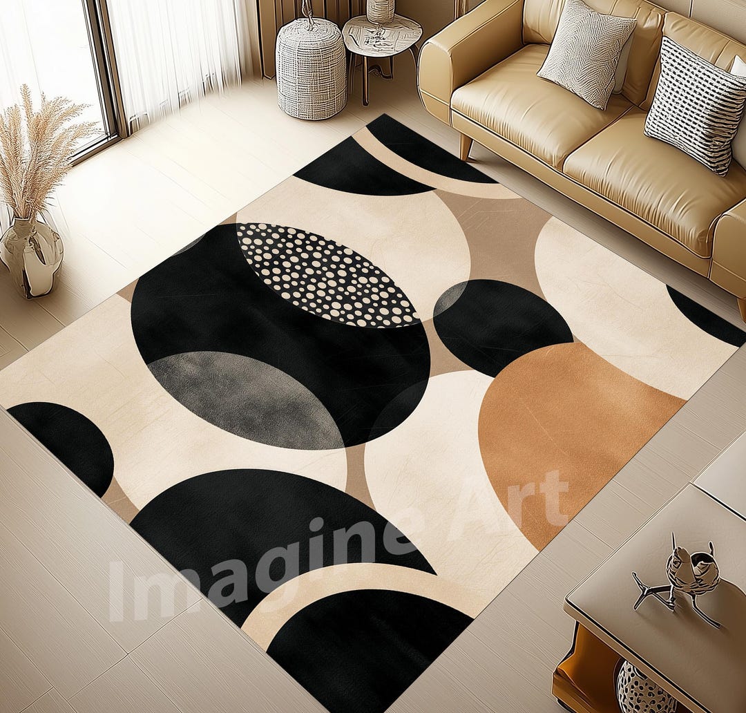 Cream Color Patterned Rug Abstract Black Beige Cream Circles Rug, Elegant Pattern Rug, Modern ...