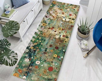 Gustav Klimt Style Flowers Runner Rug: Colorful Klimt Meadow, Botanical Burst, Garden Abstract