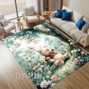 Pooh Bear Area Rug, Pooh Bear in the Forest Area Rug, Kids Room Rug, Floral Pooh Bear Rug, Floral Bear Area Rug, Painting Style Bear Rug