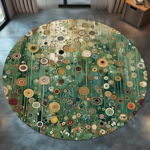 Rund matta i Gustav Klimt-stil: Grön och färgglad palett, abstrakt cirkeldesign, sammet