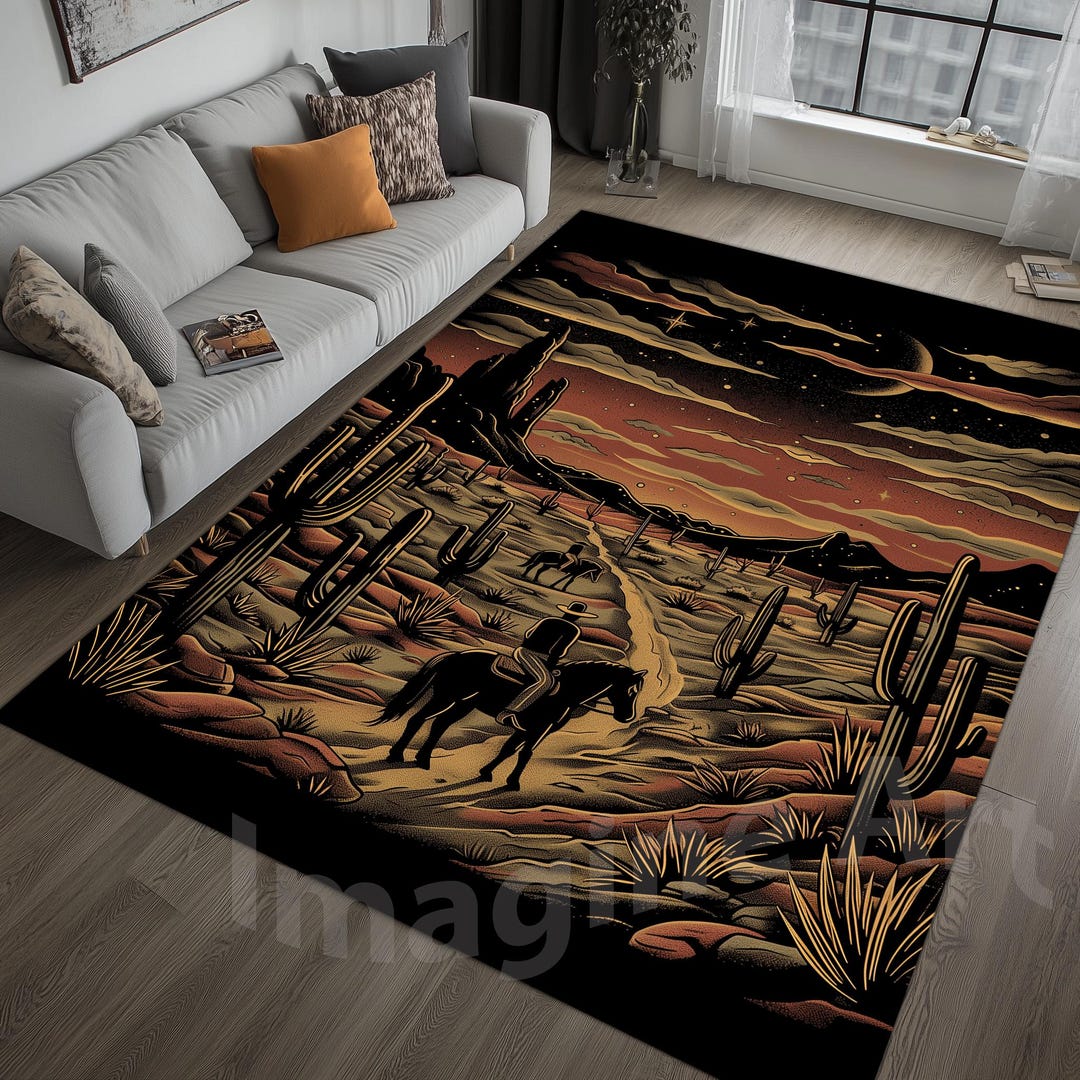 Daylight Ranch Rugs Rustic Cowboy Rug: Wildlife, Desert Pathway, Cactus, Horse, Amber Color ...