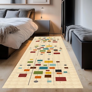 Mid Century Modern Runner, Light Cream Minimalist Runner, Hand Drawn Minimalist Geometric Pattern Rug, Abstract Pastel Color Area Rug
