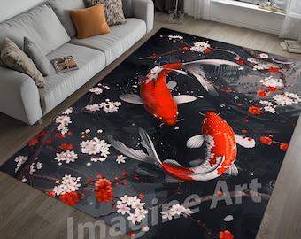 Japanese Koi Fish Area Rug: Floral Pond Art Decor