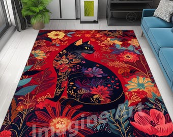Floral Motifs Cat Rug, Red Cat Rug, Adorned Cat Area Rug, Floral Cat Rug, Black Cat Area Rug, Floral Area Rug, Red Floral Area Rug