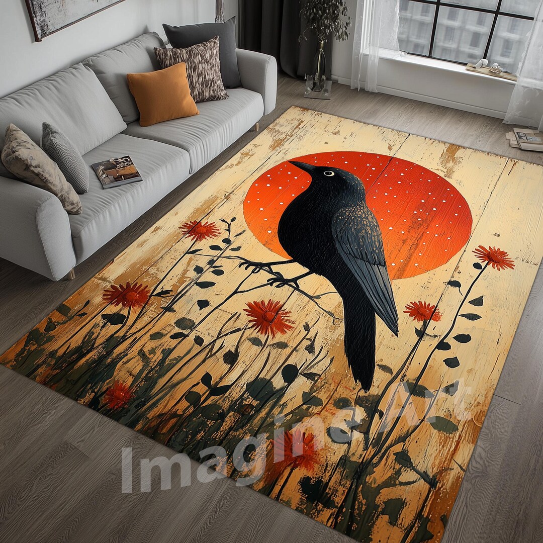 Floral Crow Print Rug: Cream Velvet Art Rug - Etsy